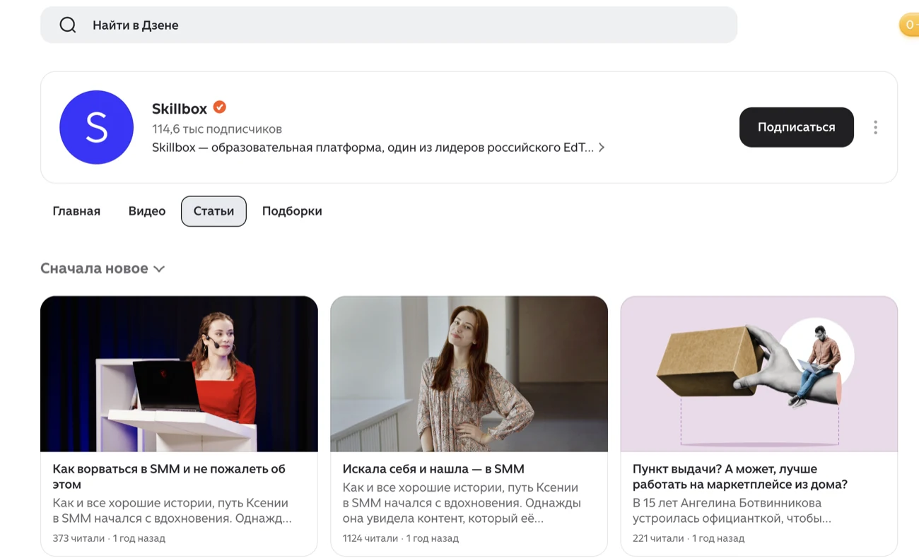 Канал Skillbox в Дзене. На изображении показана площадка, а не результаты кампании.
